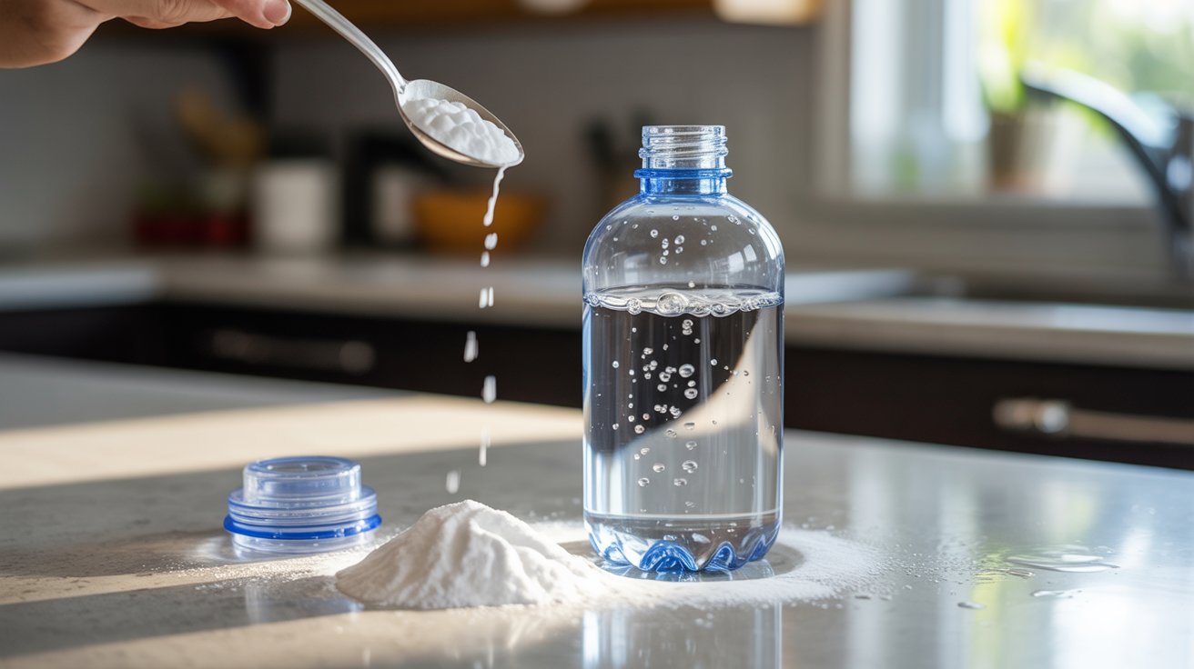 Cleaning a reusable water bottle with baking soda and warm water to remove bad odor and residue buildup"