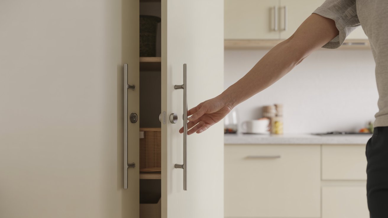 A person is opening a door to enter a kitchen, revealing a glimpse of the interior space.