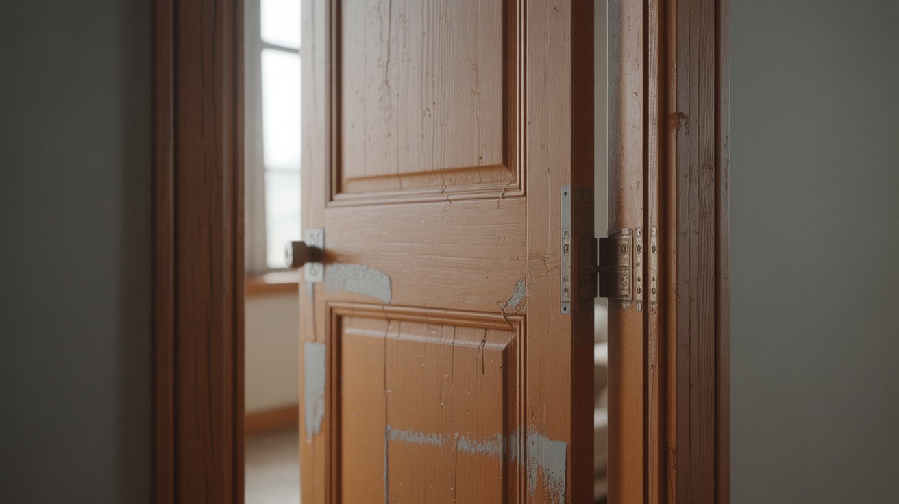 Close-up of a warped wooden door with paint buildup and misaligned hinges causing it to stick in the frame