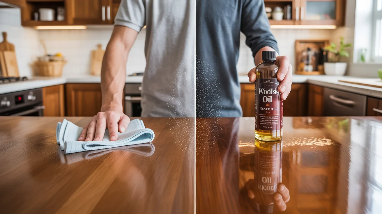 Kitchen wood cabinets showing contrast between cleaned dull surface and polished shiny finish.
