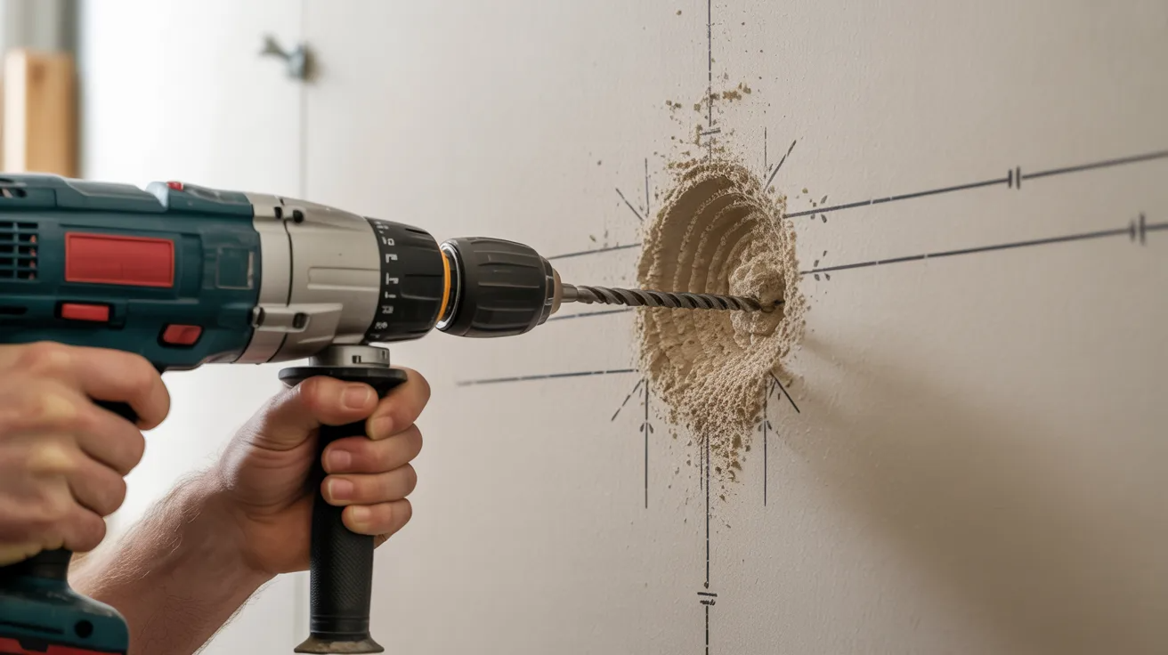 Power drill creating pilot holes in drywall at marked points for cabinet installation.