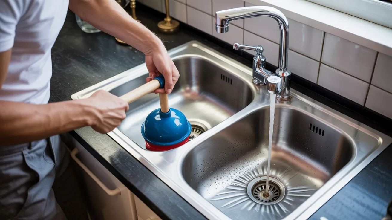 Person plunging one side of double kitchen sink while sealing the other drain.