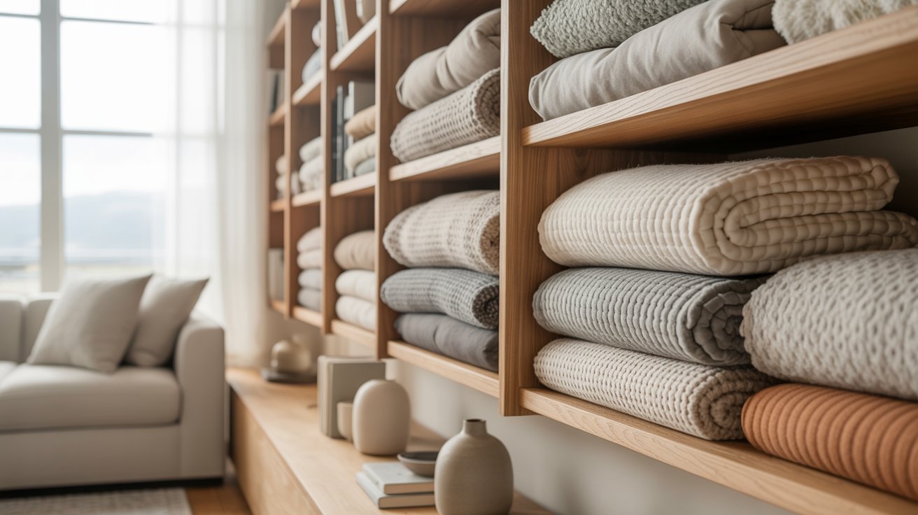 A wooden floating shelf on a living room wall stacked with folded and rolled blankets in neutral colors.