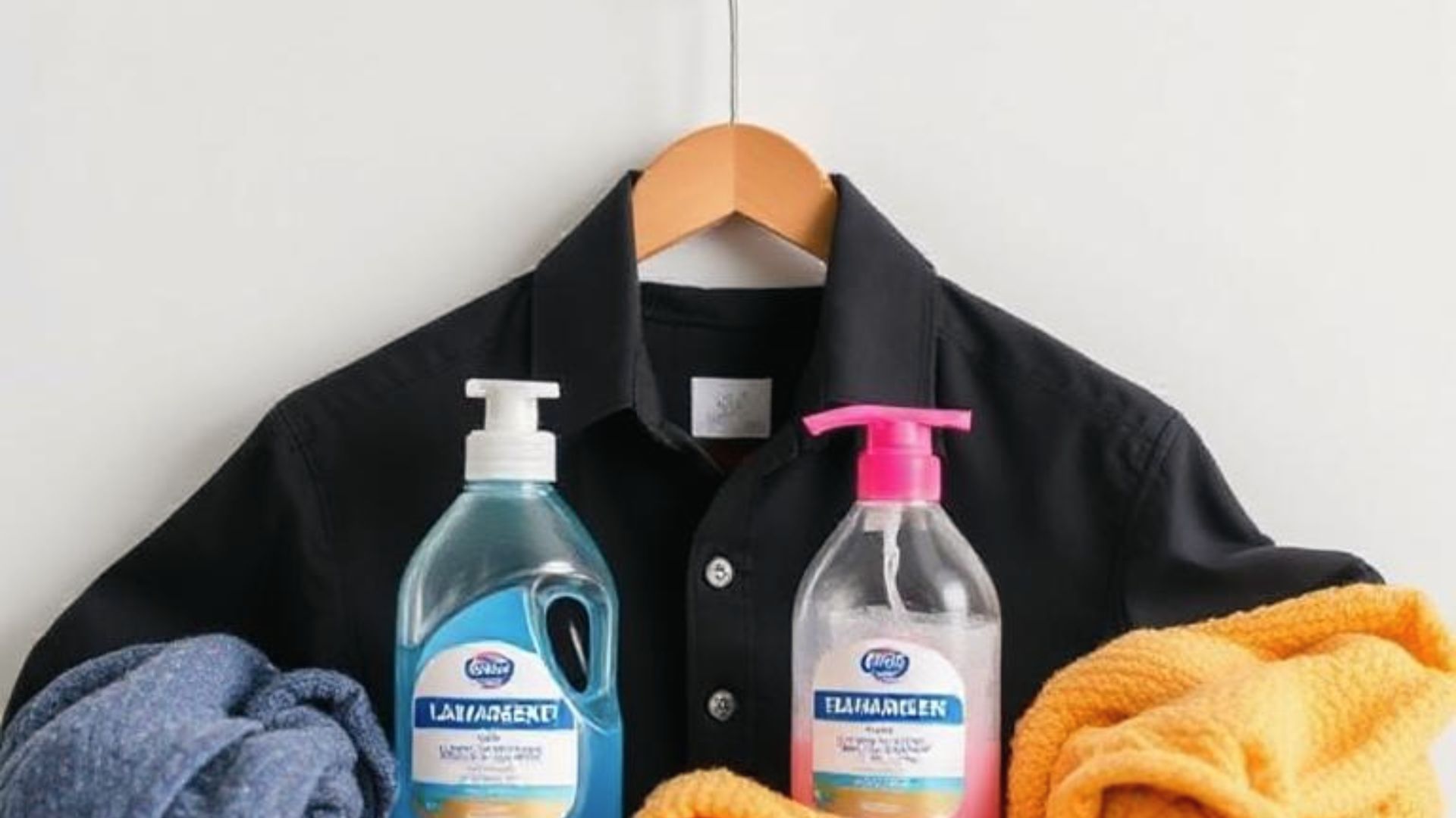 Black shirt on a hanger with two bottles of liquid detergent made for dark fabrics.