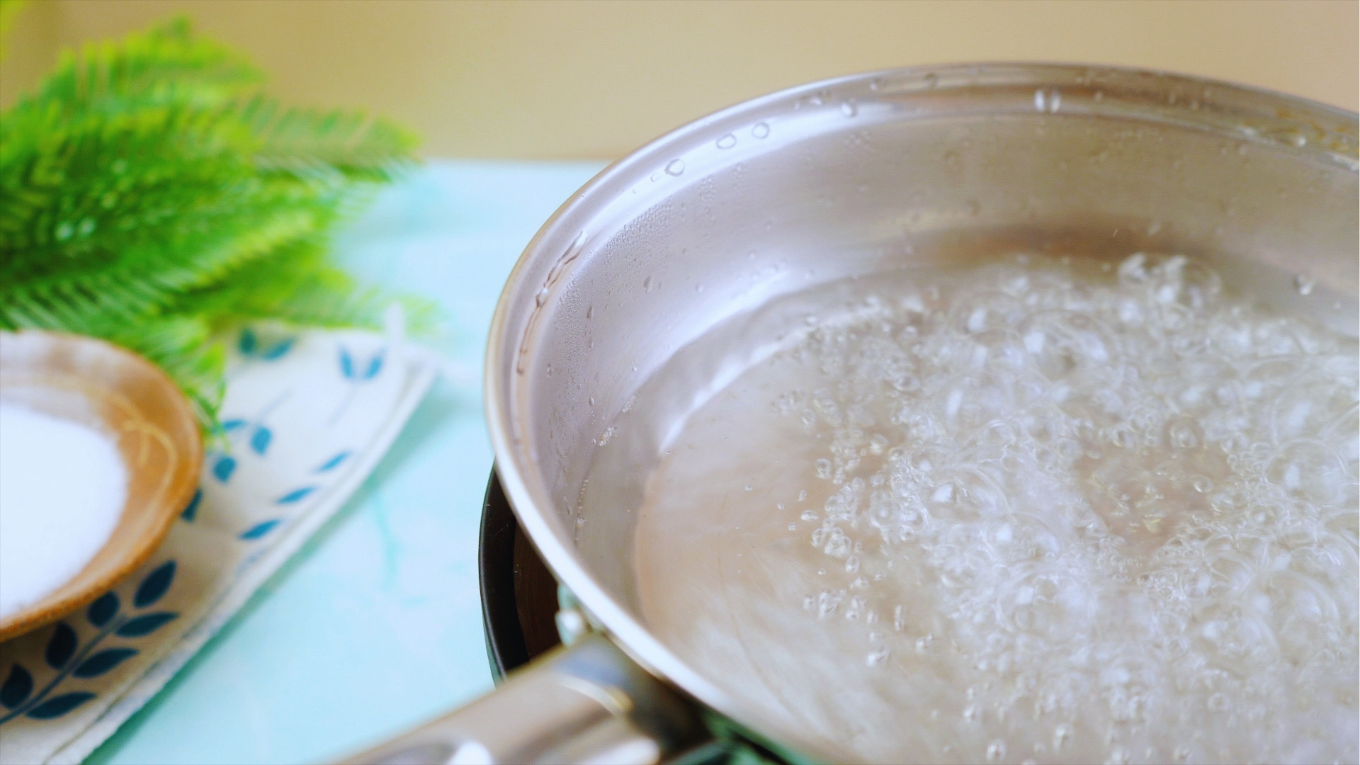 Stainless steel pot with boiling water next to small wooden bowl of salt and green fern on blue kitchen counter.