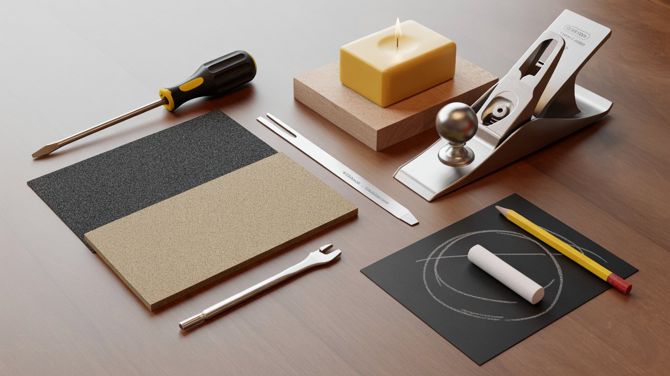 Top view of essential tools like screwdriver sandpaper hand plane soap and chalk for fixing a sticking door