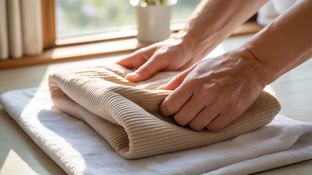 pressing corduroy fabric between towels to remove excess water without wringing or damaging texture
