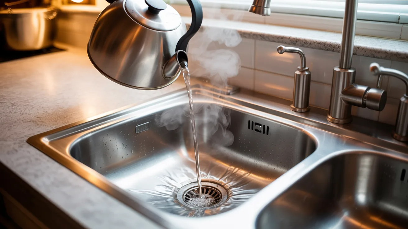 : Hot boiling water being poured into the kitchen sink drain to melt grease buildup.