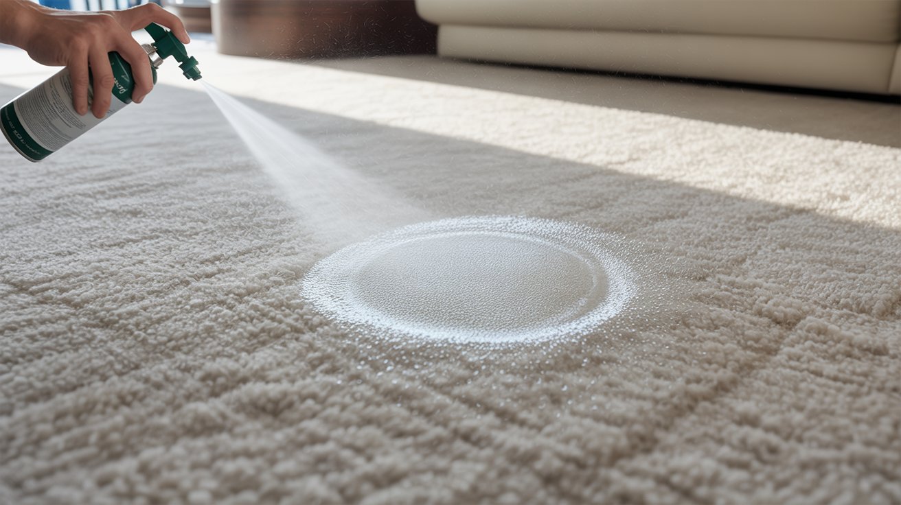 A person applying a white cleaning spray onto a carpet to treat stains or odors.
