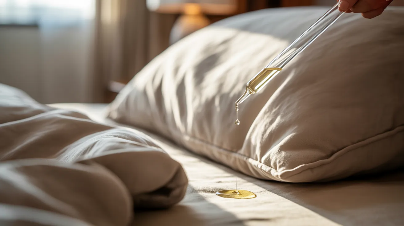 crucial oil applied to pillowcase corner releasing calming scent while resting in bedroom environment at night