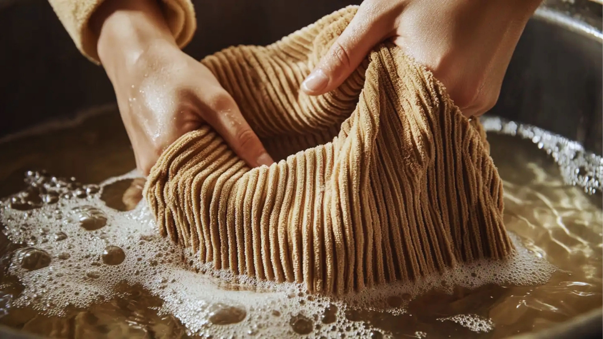 Hands gently hand-washing tan corduroy fabric in a metal basin with soapy water and bubbles.