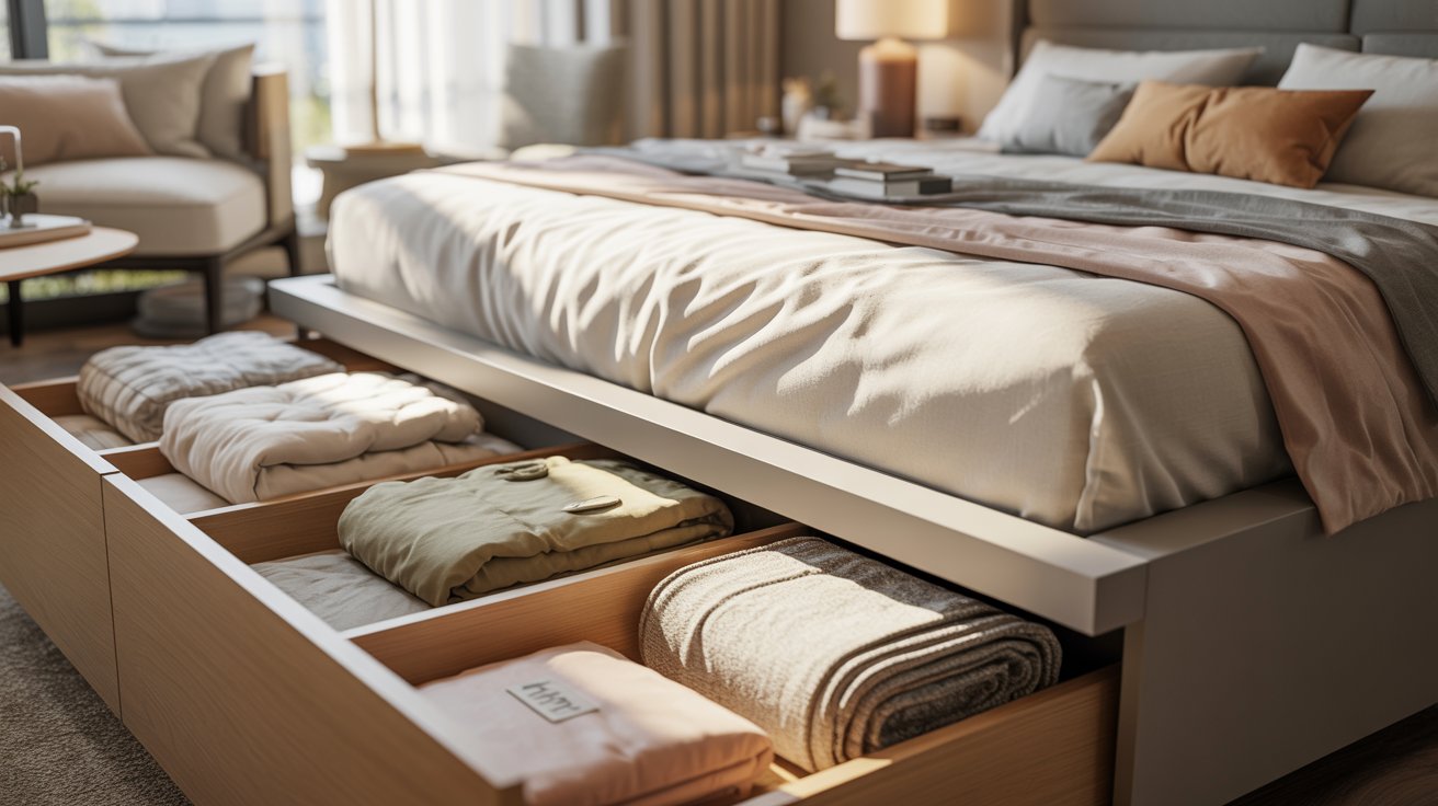 A platform bed with built in pull out drawers storing folded and rolled blankets underneath