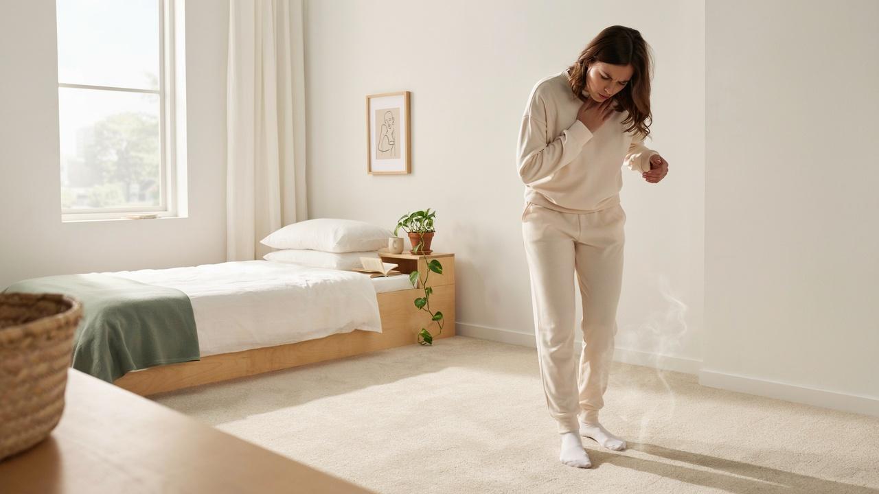 Person noticing a urine-like smell in a clean bedroom.