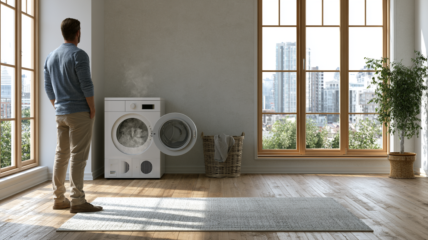 The dryer emits a burning smell in a modern laundry room while the homeowner inspects it.