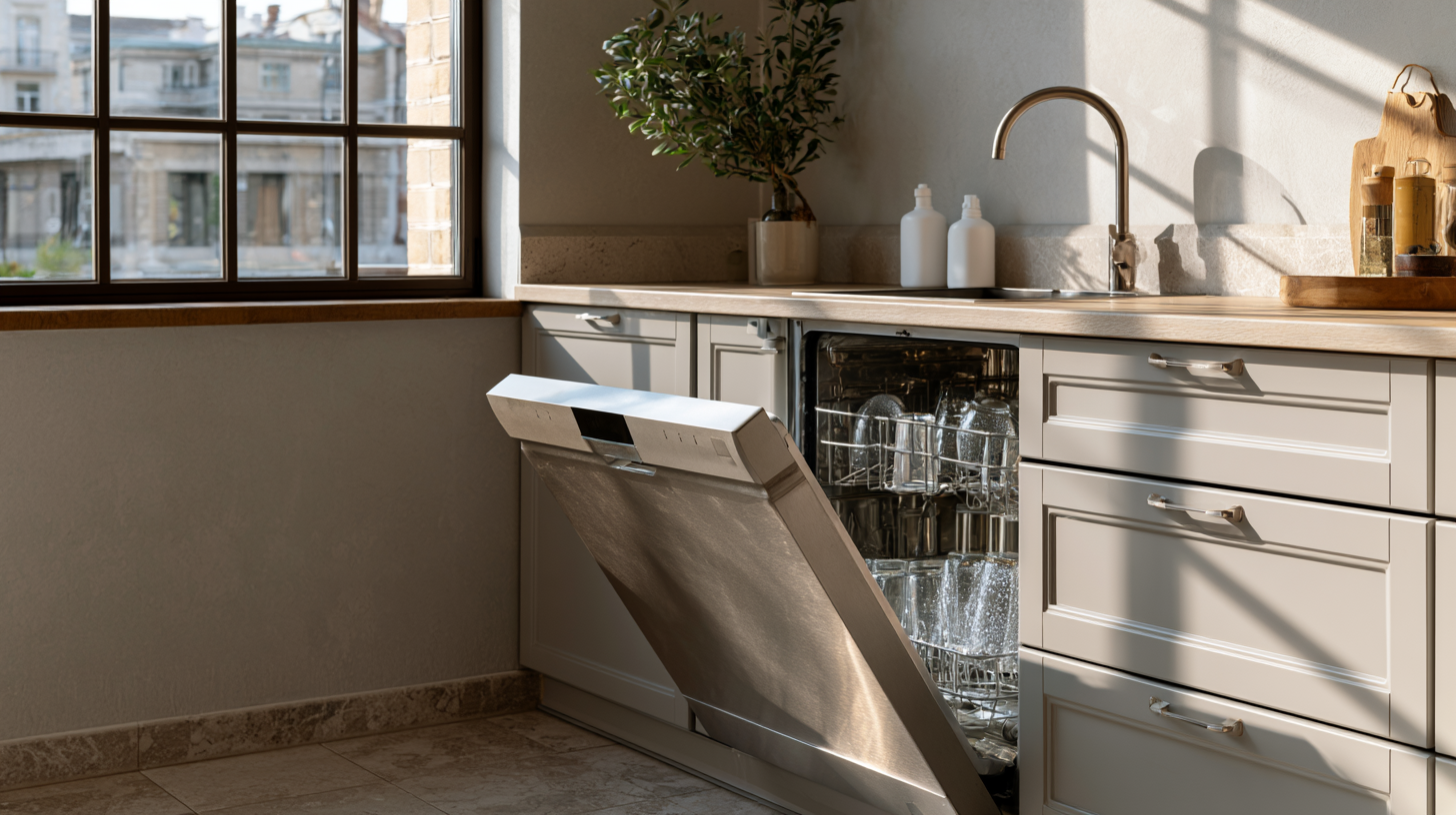 Modern stainless steel dishwasher in a clean kitchen with sparkling dishes after a wash cycle.
