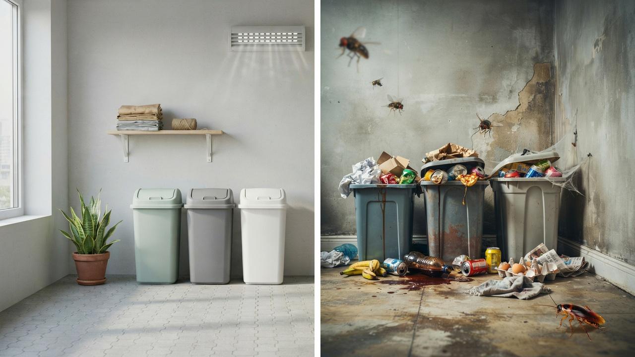 Comparison of proper and improper household trash and recycling storage showing clean organization versus messy waste.