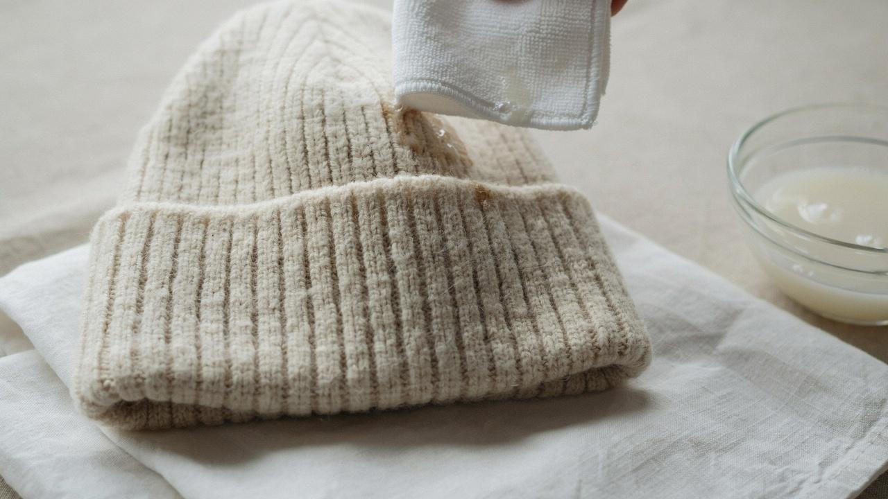 Spot cleaning a delicate hat using a soft cloth and mild soap.