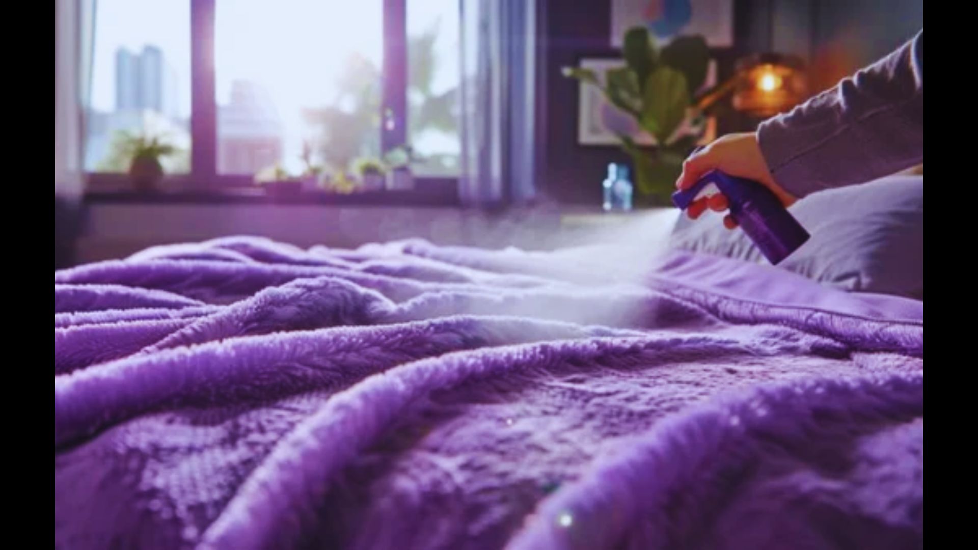 A close-up of a spray bottle lightly misting a purple fleece blanket in a dimly lit bedroom.