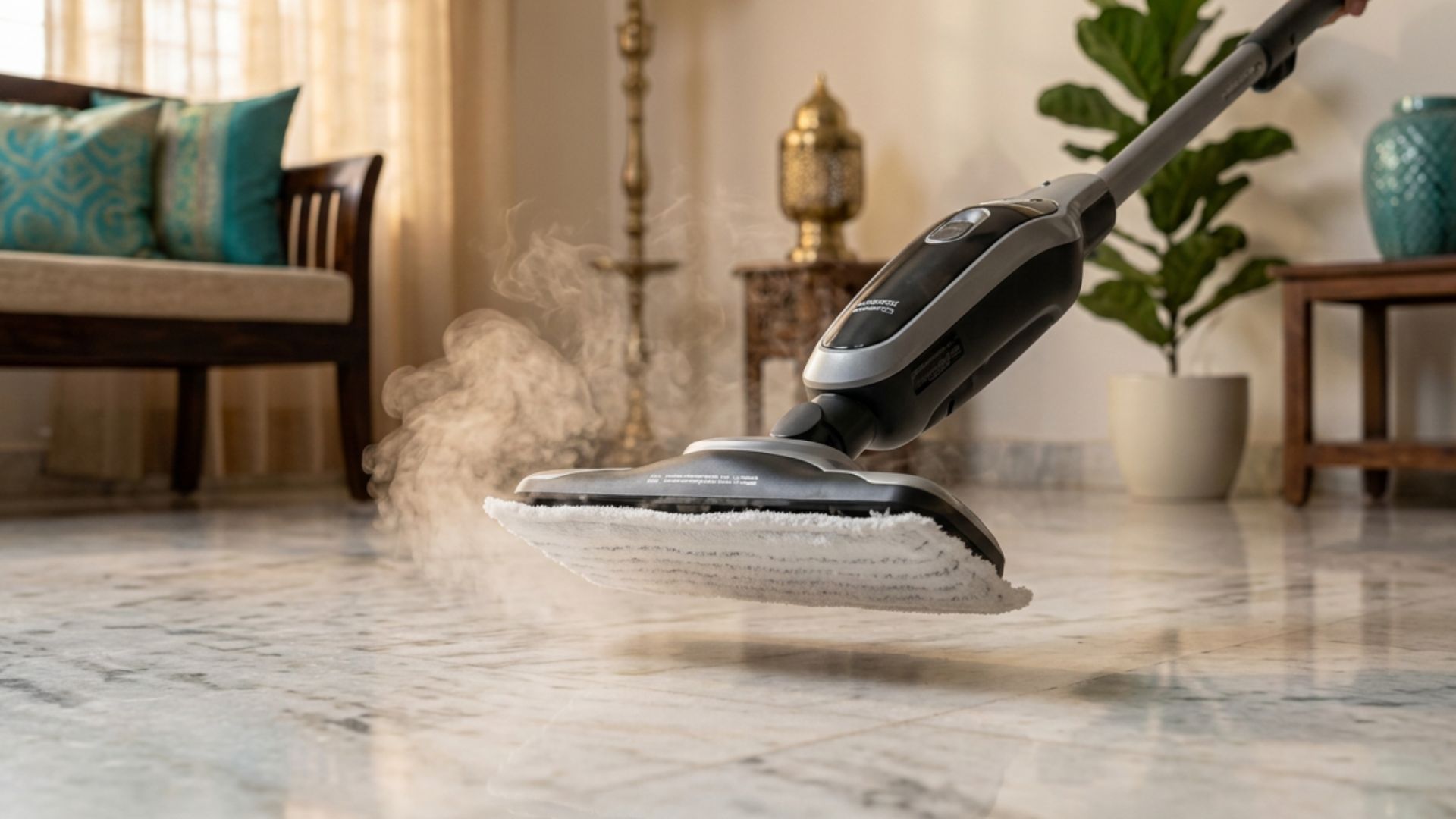 Steam mop releasing steam while cleaning a shiny marble floor in a living room.