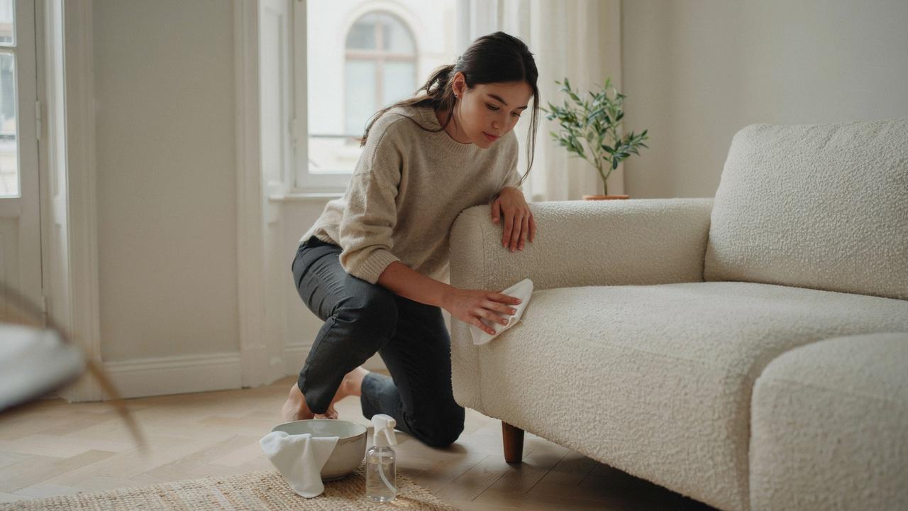 A woman kneeling on the floor to wipe down a white bouclé couch.