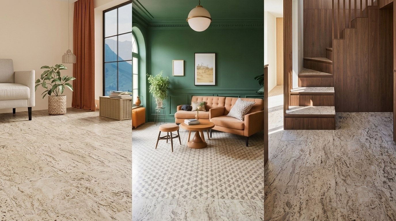 Vinyl floor on the left, linoleum floor in the middle and cork floor on the right.