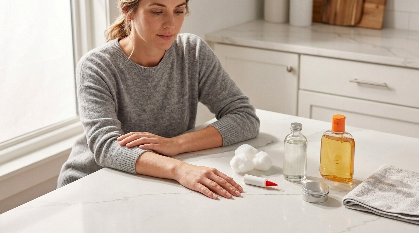 Women and super glue removal supplies arranged on a countertop.
