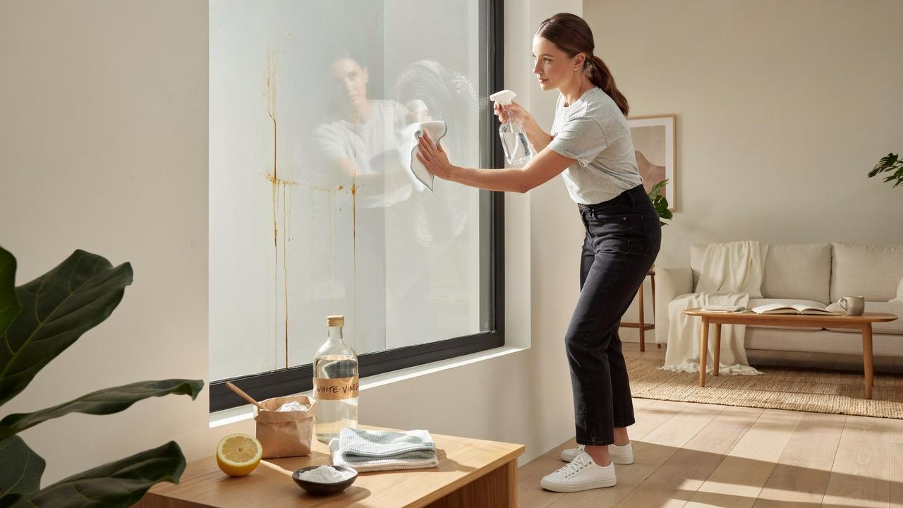 Person removing rust stains from glass window using vinegar and microfiber cloth.