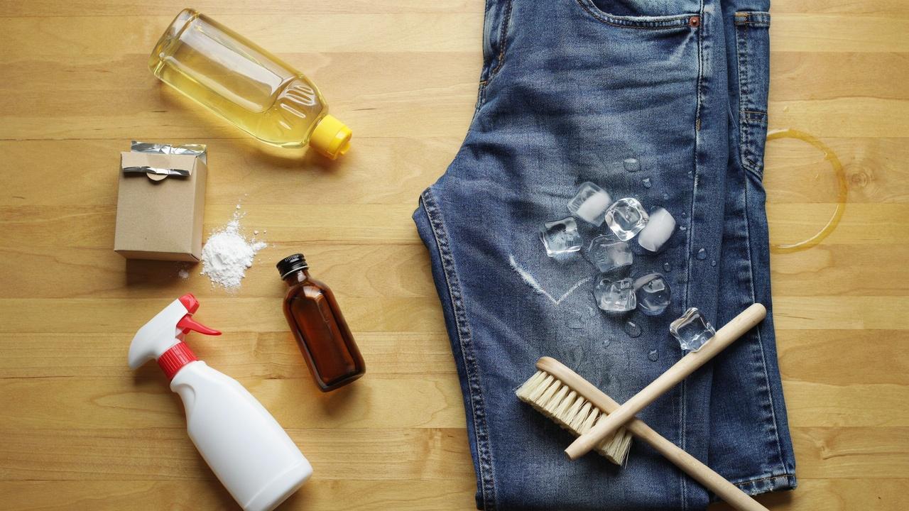 Dish soap, baking soda, rubbing alcohol, stain remover, and ice cubes for slime removal.