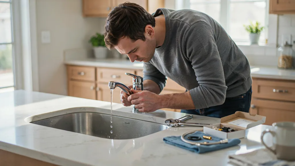 Homeowner fixing a dripping kitchen faucet as a simple DIY plumbing repair.