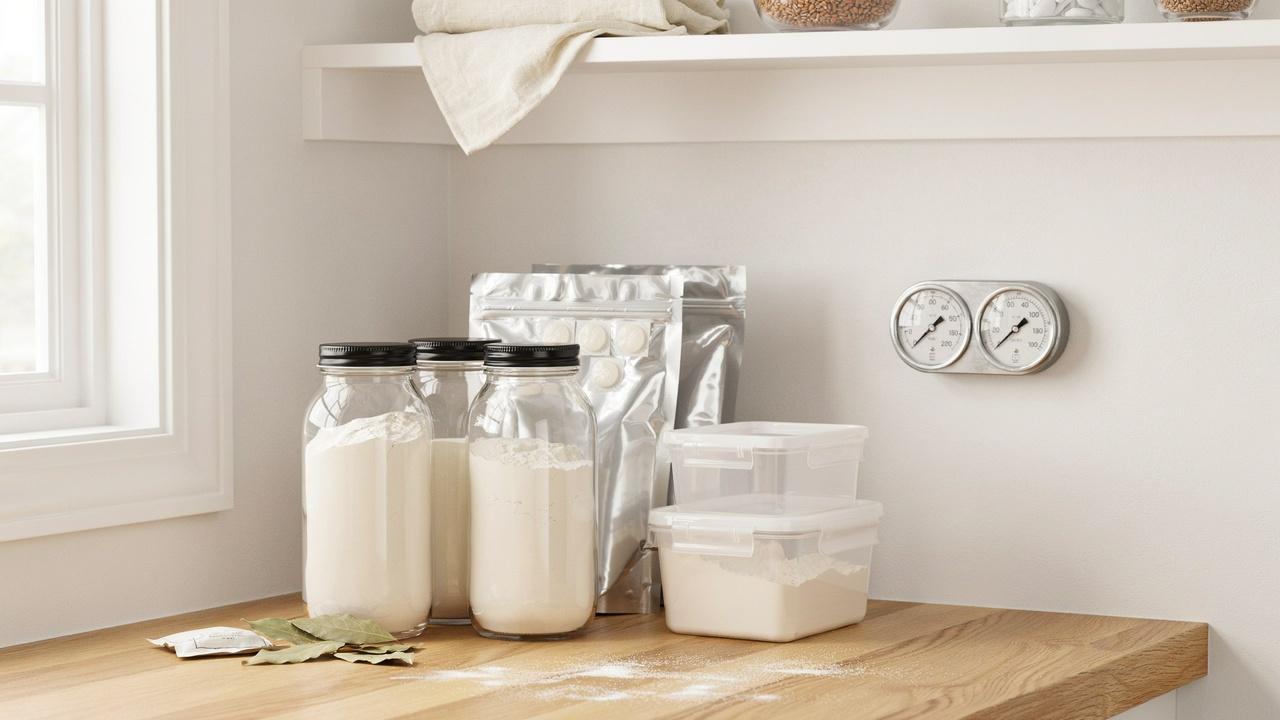Flour stored in airtight containers with moisture control to help keep it fresh and free from pantry pests.