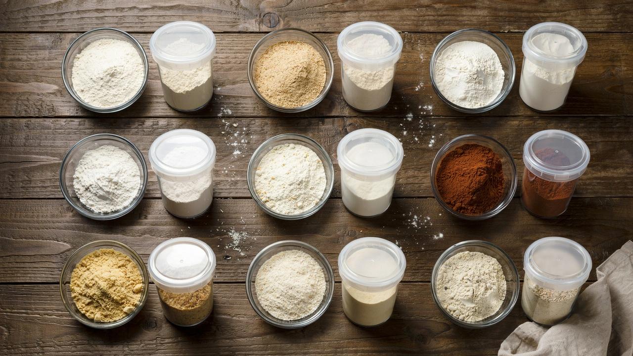 Various flour types displayed in bowls and airtight containers for a visual comparison of their shelf life.
