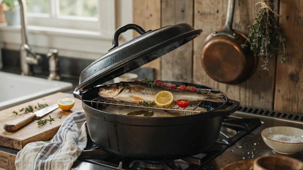 A Dutch oven used as a homemade steamer with food elevated above hot water.