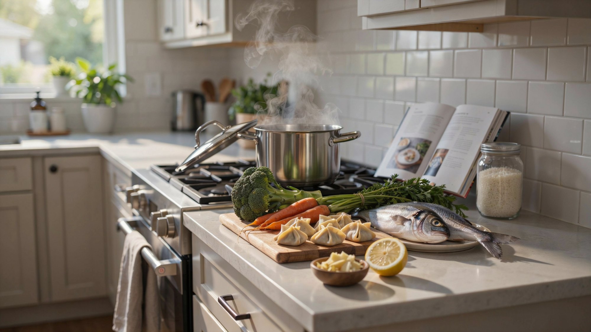 A pot releasing steam in a home kitchen beside fresh vegetables and dumplings ready for cooking.