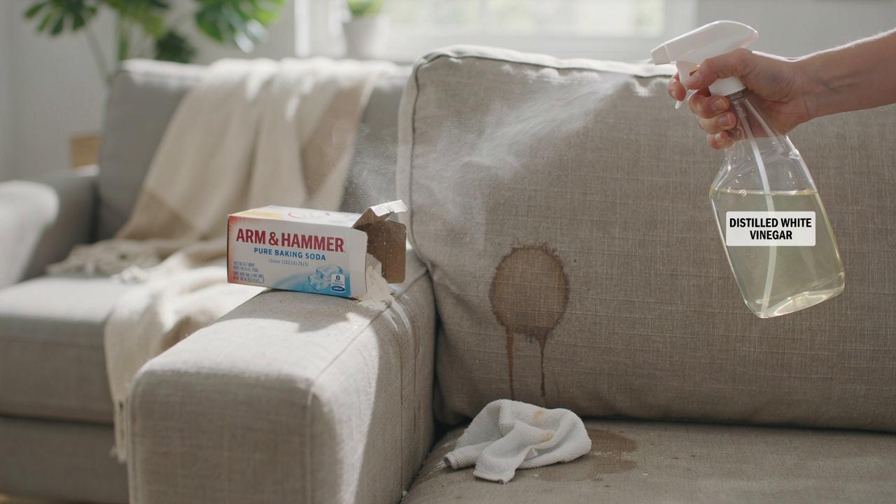 Applying a cleaning solution to a couch stain with a spray bottle.