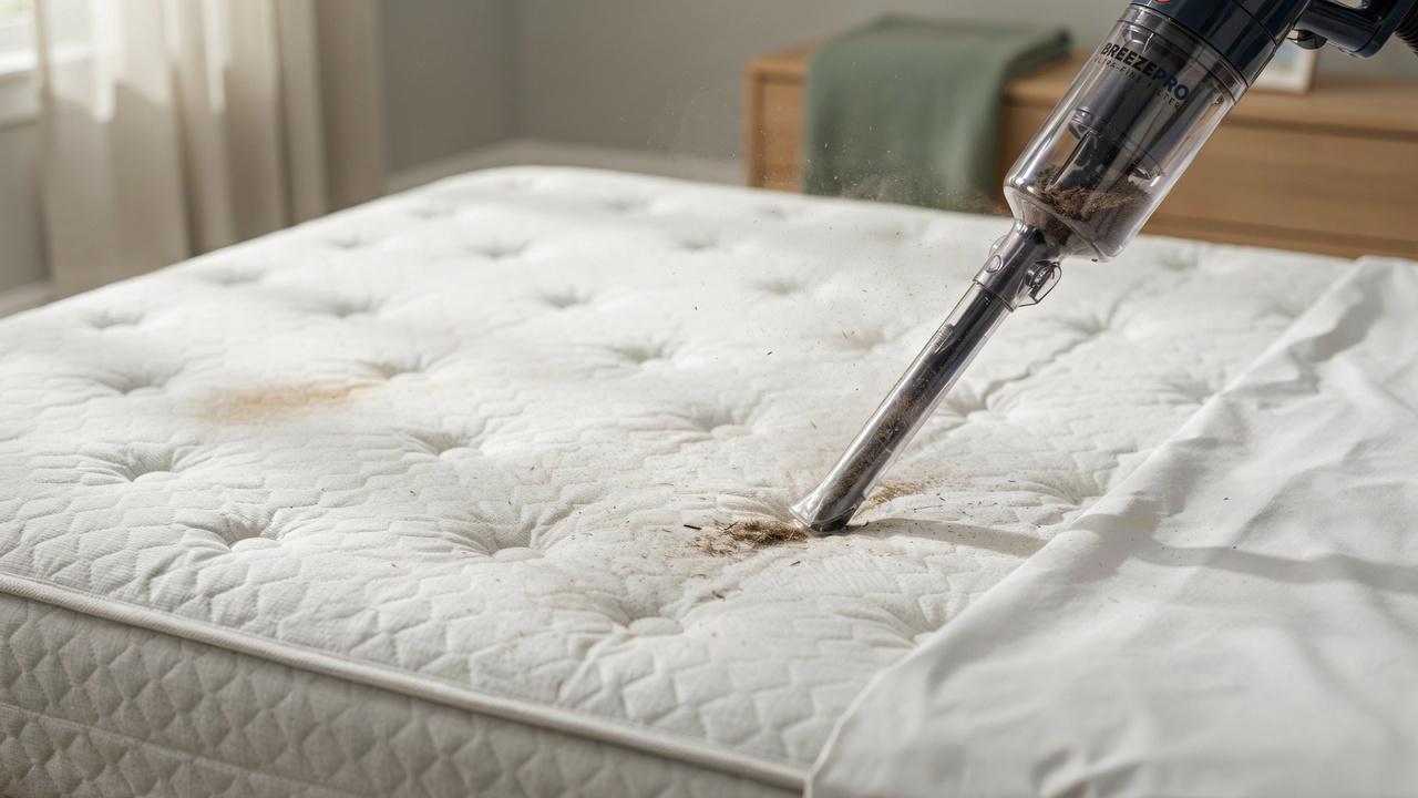 Vacuuming a mattress to remove dust and debris.