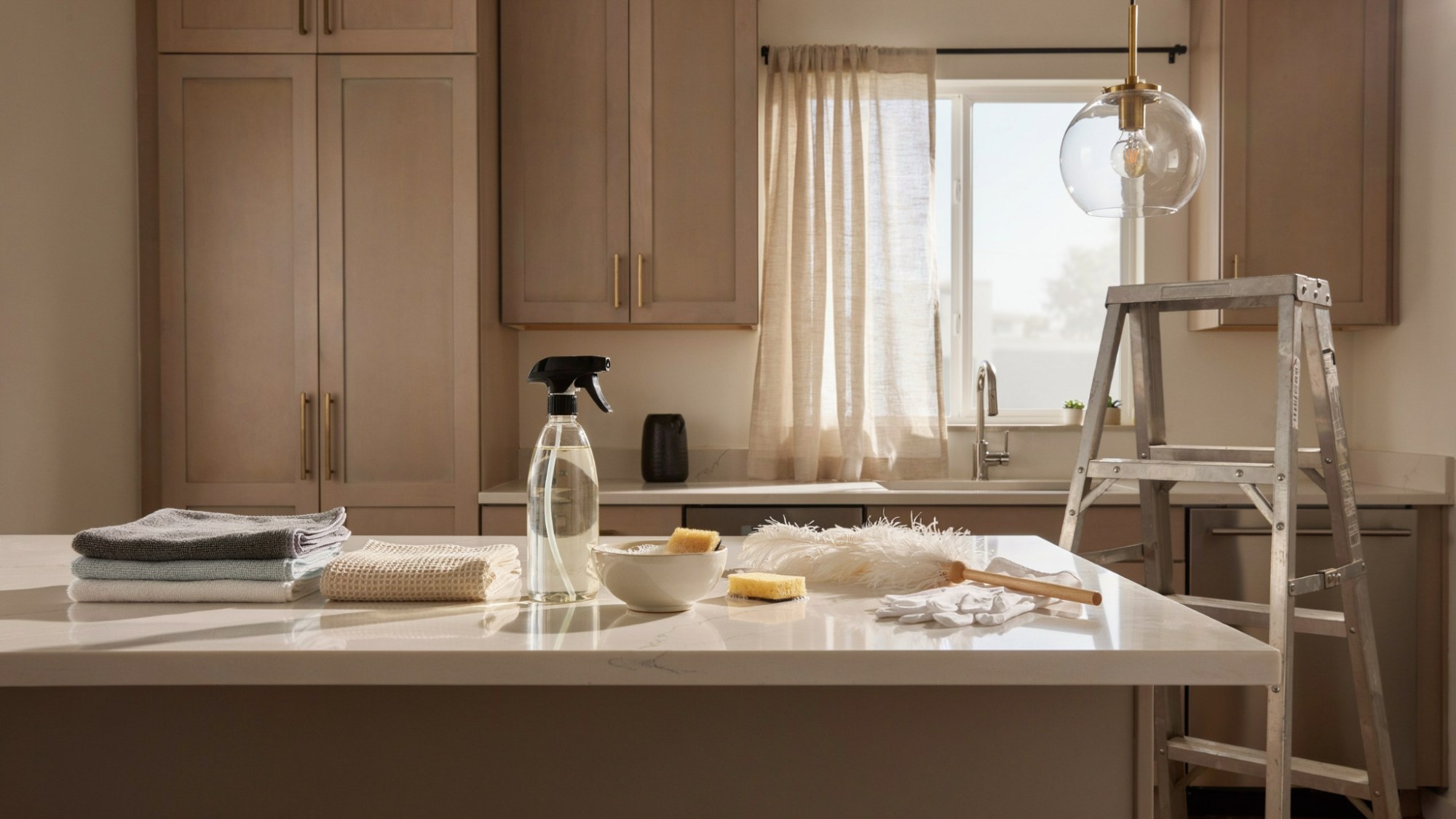 cleaning supplies for glass globe light fixtures, including microfiber cloth, spray bottle, and feather duster
