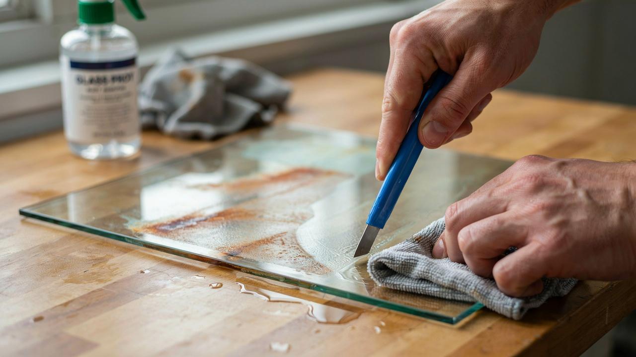 Removing stubborn rust stains from glass with safe tools.