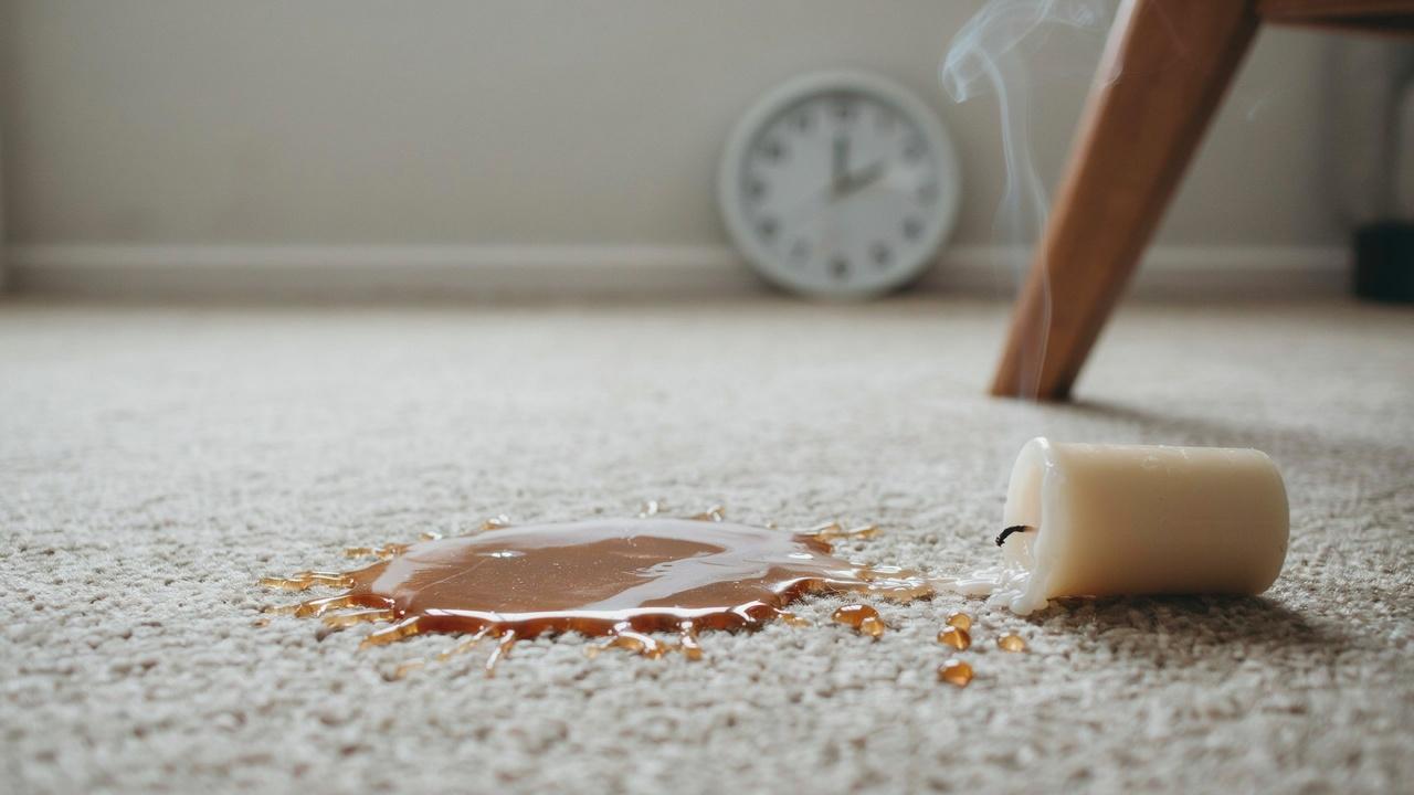 Candle wax hardening on carpet before removal.