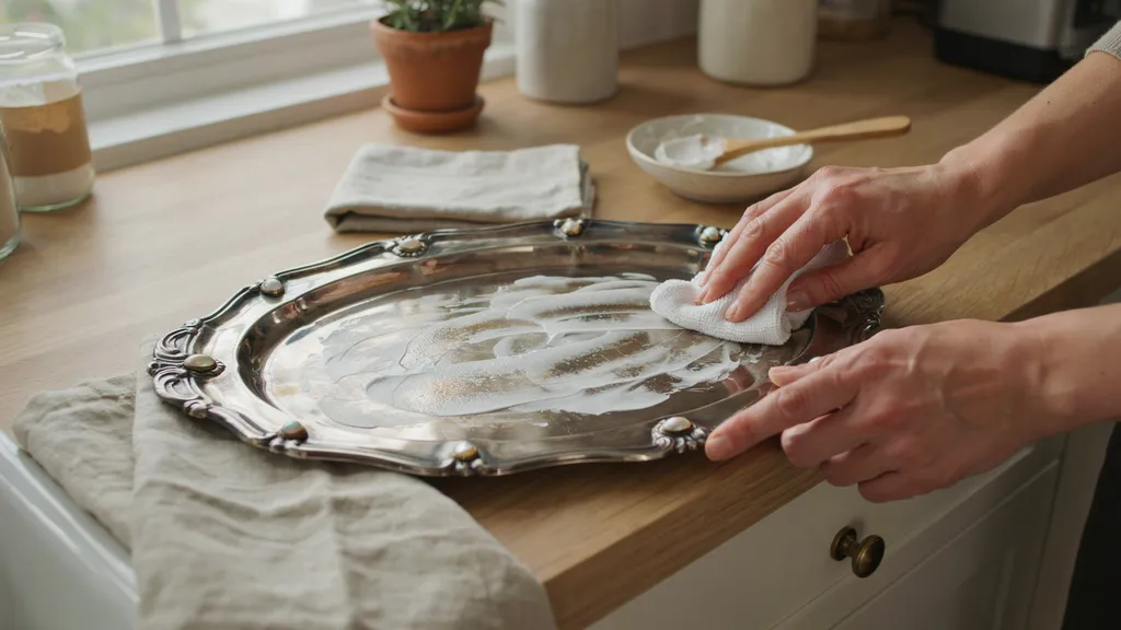 Applying baking soda paste evenly onto tarnished silver using a soft cloth for polishing.
