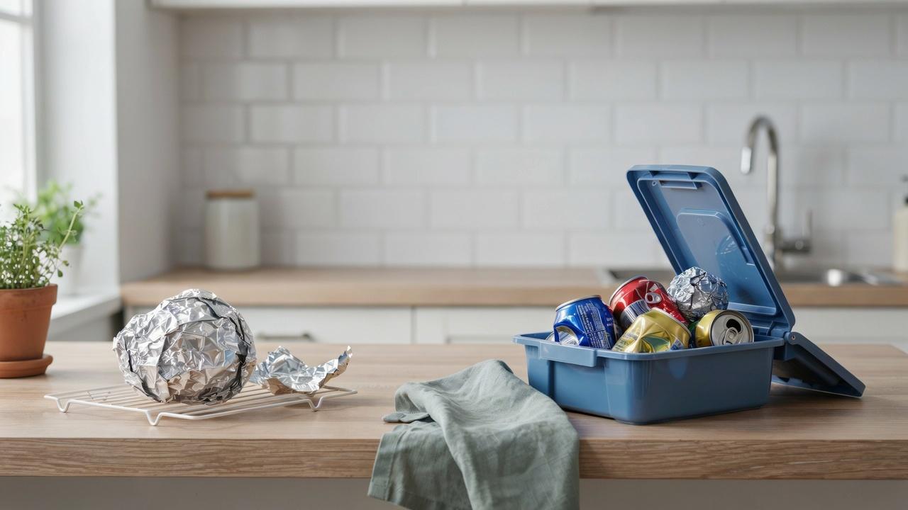 Step-by-step view of cleaning, drying, crumpling, and recycling aluminum foil correctly.