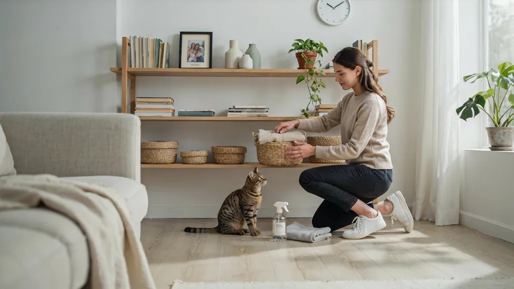 Person using simple household tips to keep a home clean, organized, and easy to manage.