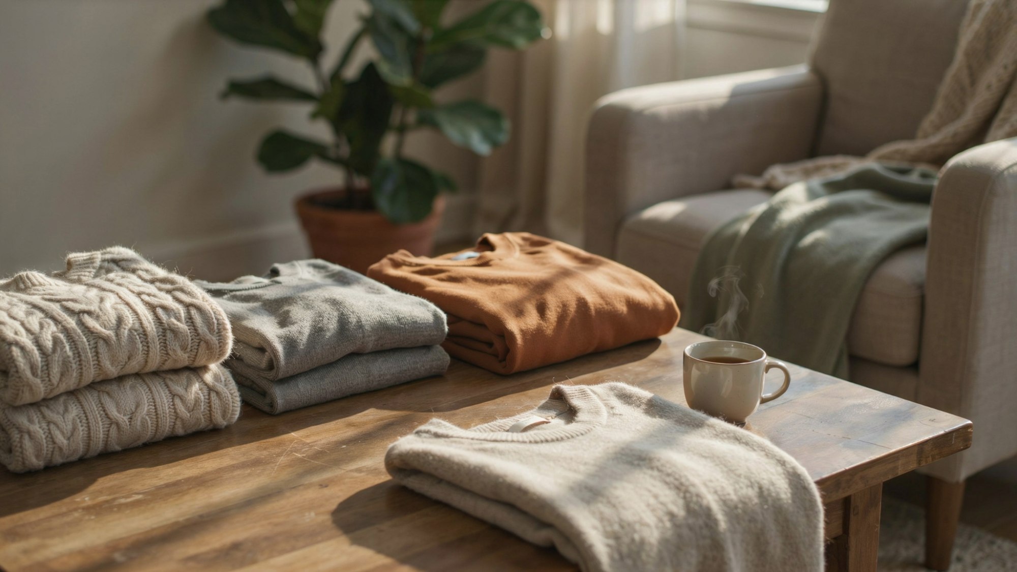 Sweaters made from different fabrics showing which materials can shrink more easily.