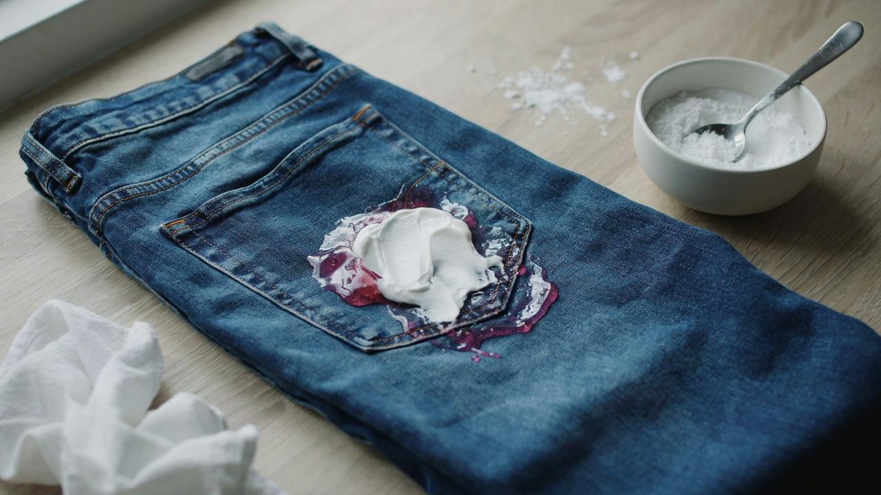 Baking soda paste applied to a slime stain on blue jeans.