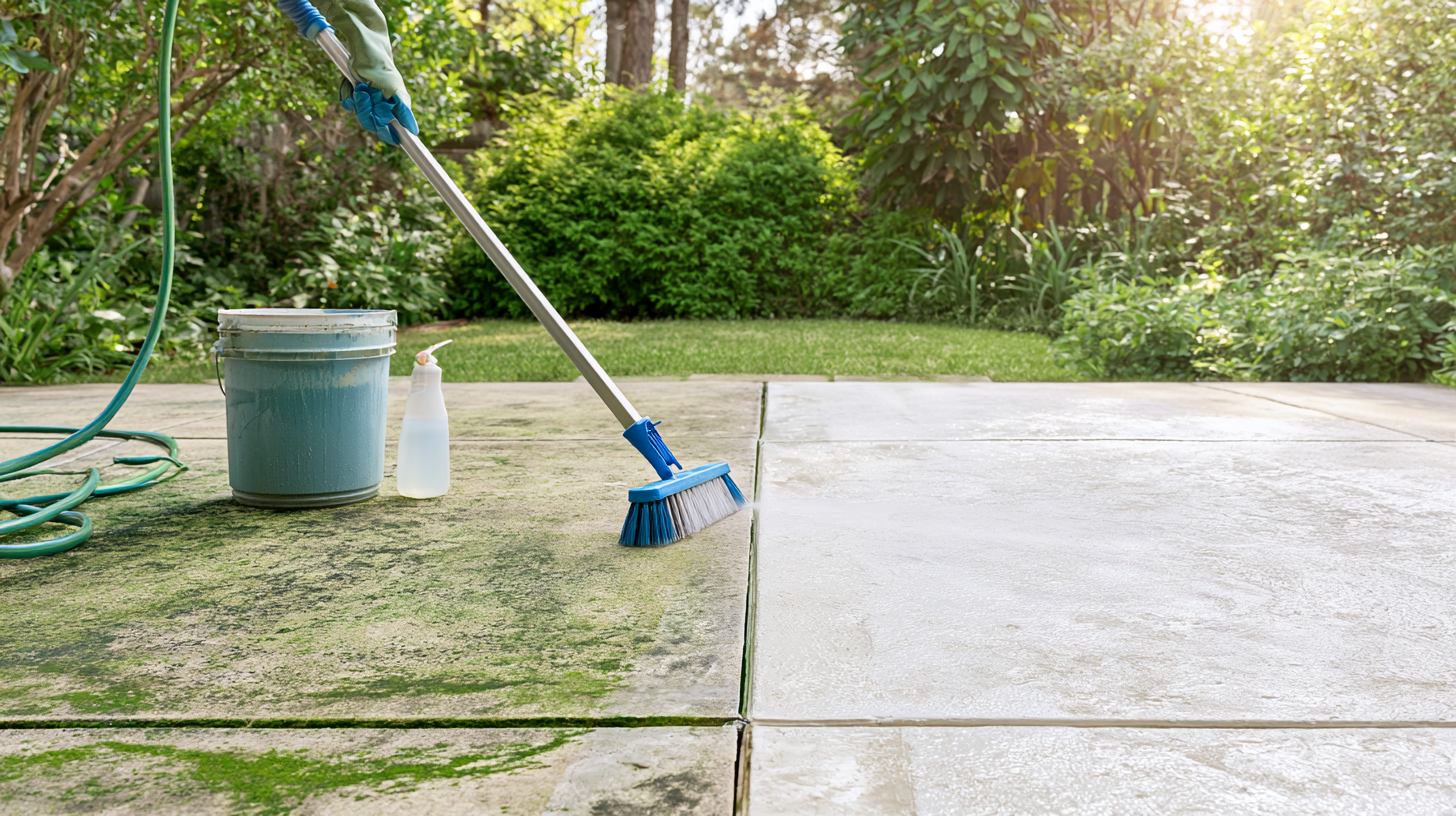 Cleaning a concrete patio with diluted bleach to remove algae and mold stains.