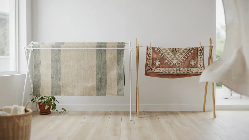 Washable rug air drying flat and hanging evenly to prevent moisture buildup and fading.
