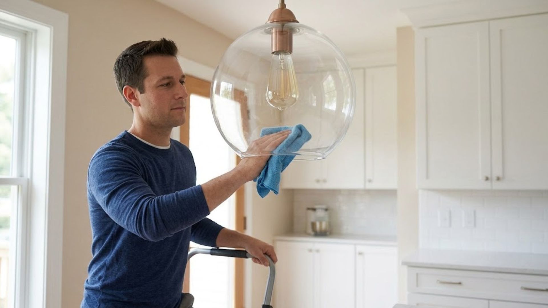gently wiping a fixed glass globe light fixture with a microfiber cloth