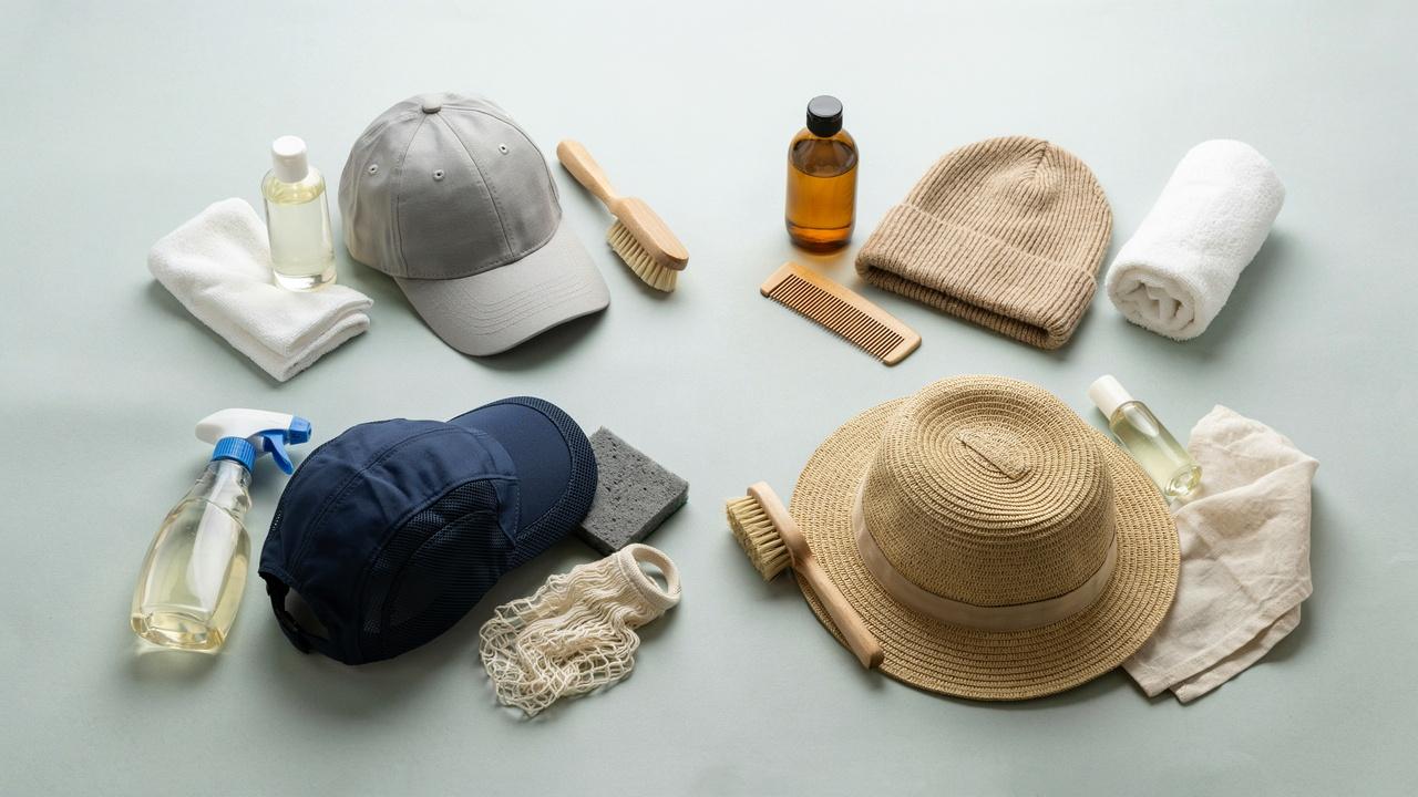 Different hat materials that require safe and specific cleaning methods.