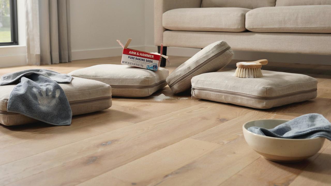 Cleaning removable couch cushions after a vomit accident.