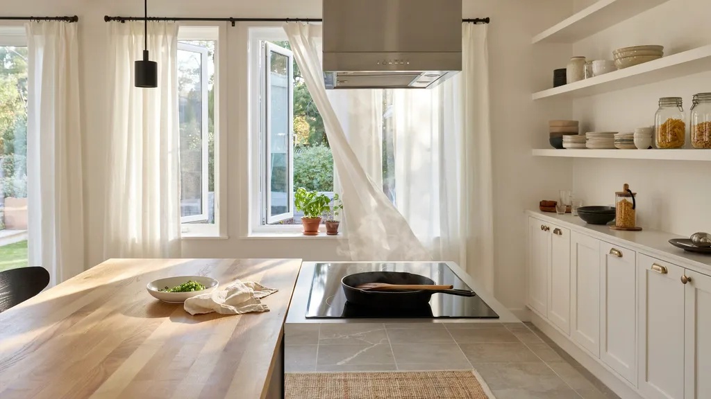 A clean kitchen with open windows helping remove lingering cooking oil odors after frying.