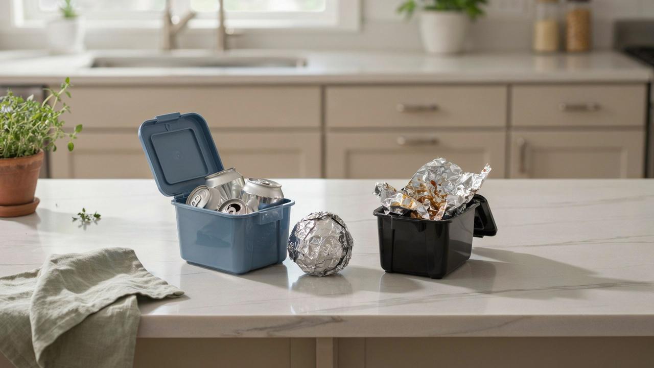 Clean aluminum foil in a recycling bin and dirty foil in a trash bin inside a modern kitchen.